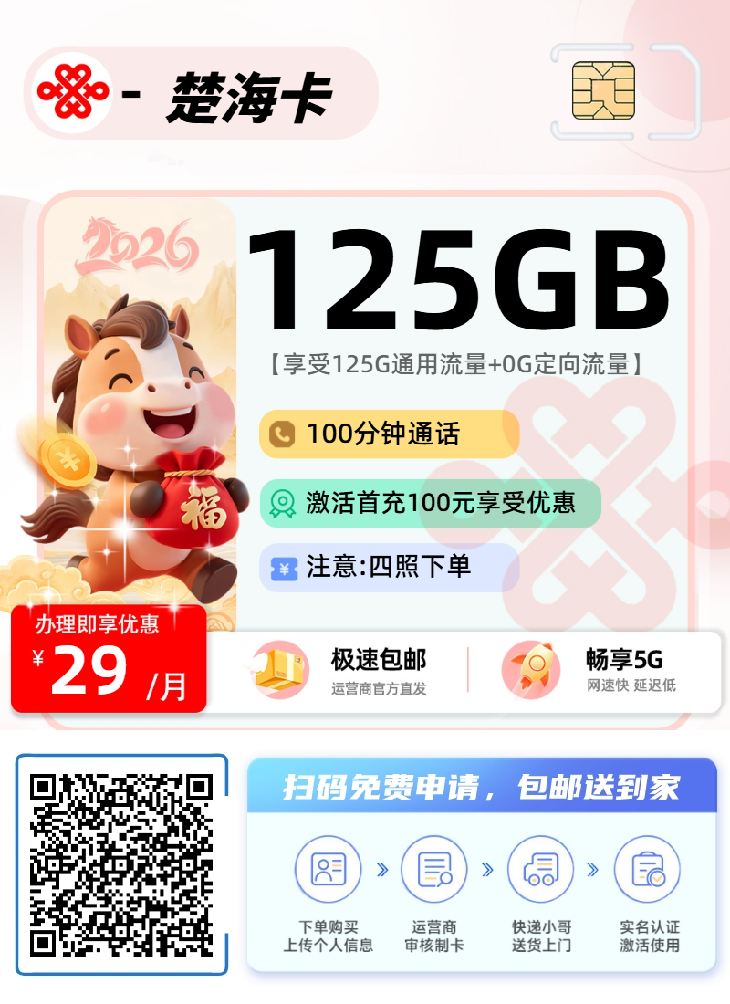 2026年(最新)流量卡推荐：联通楚海卡，29元125G通用+100分钟