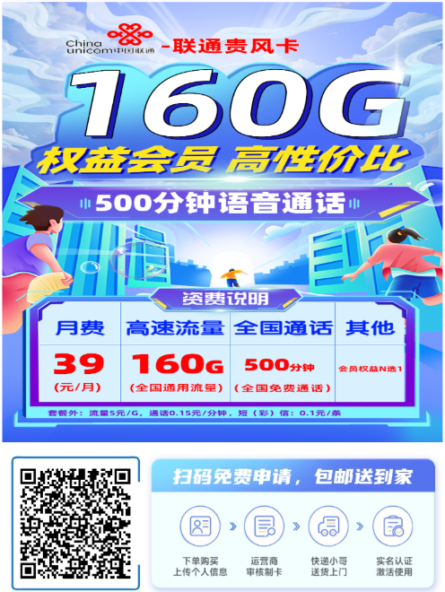 贵州高性价比流量卡推荐，联通贵风卡160G通用流量+500分钟通话+会员权益