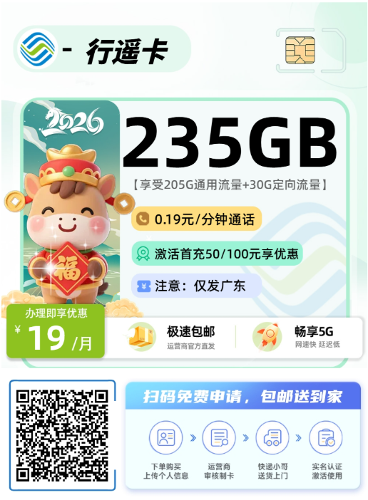 广东高性价比流量卡推荐，低至19元235G，发货快！
