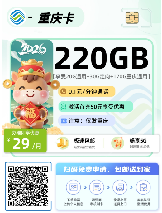 2026年(最新)重庆流量卡推荐高性价比，联通移动电信广电卡，每日更新，免费申请