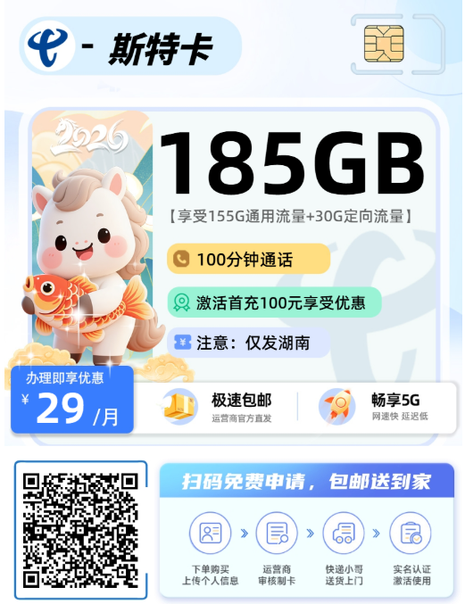 2026年(最新)湖南流量卡推荐高性价比，联通移动电信广电卡，每日更新
